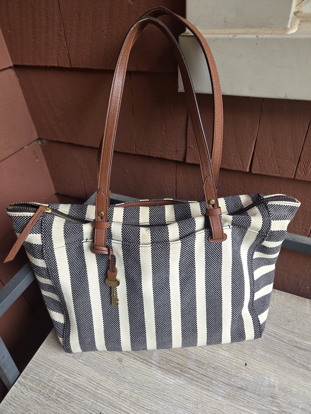 Fossil Rachel Tote Black Stripe Black And Cream Summer Diaper Bag Nautical